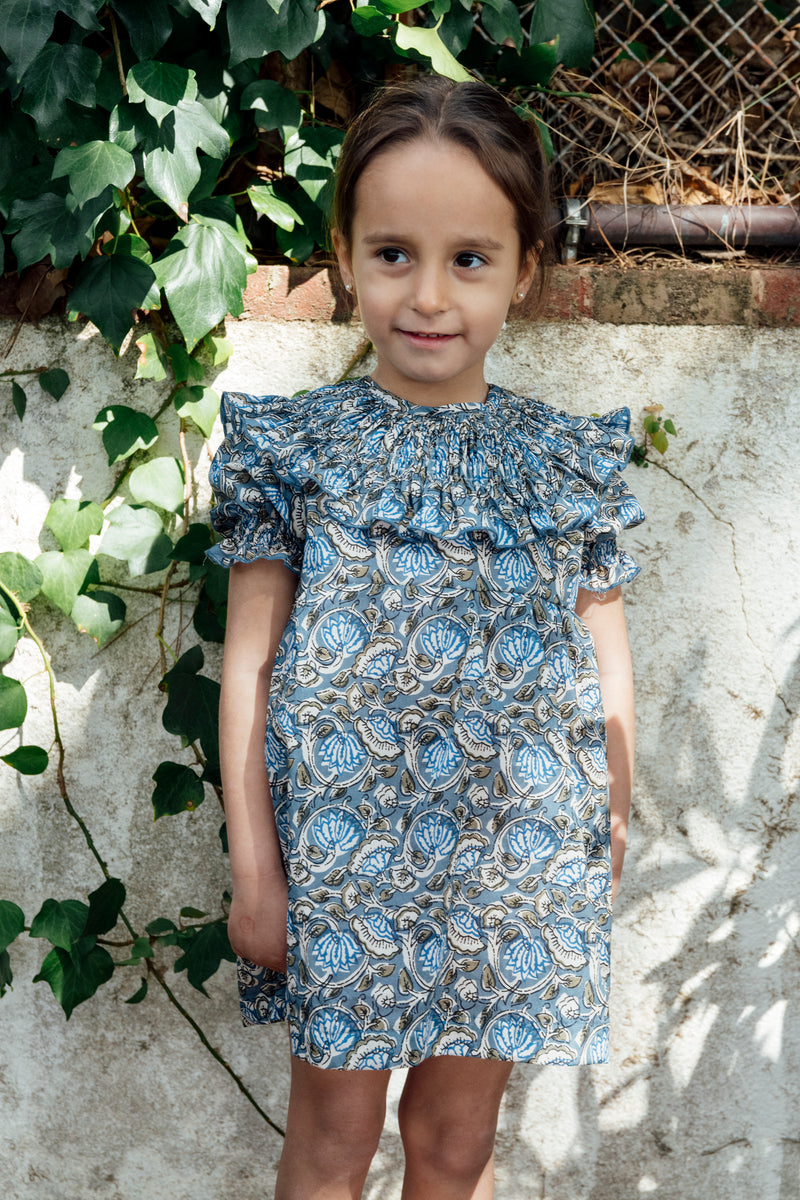 Vestido Cuello Pespuntes Flores Azules